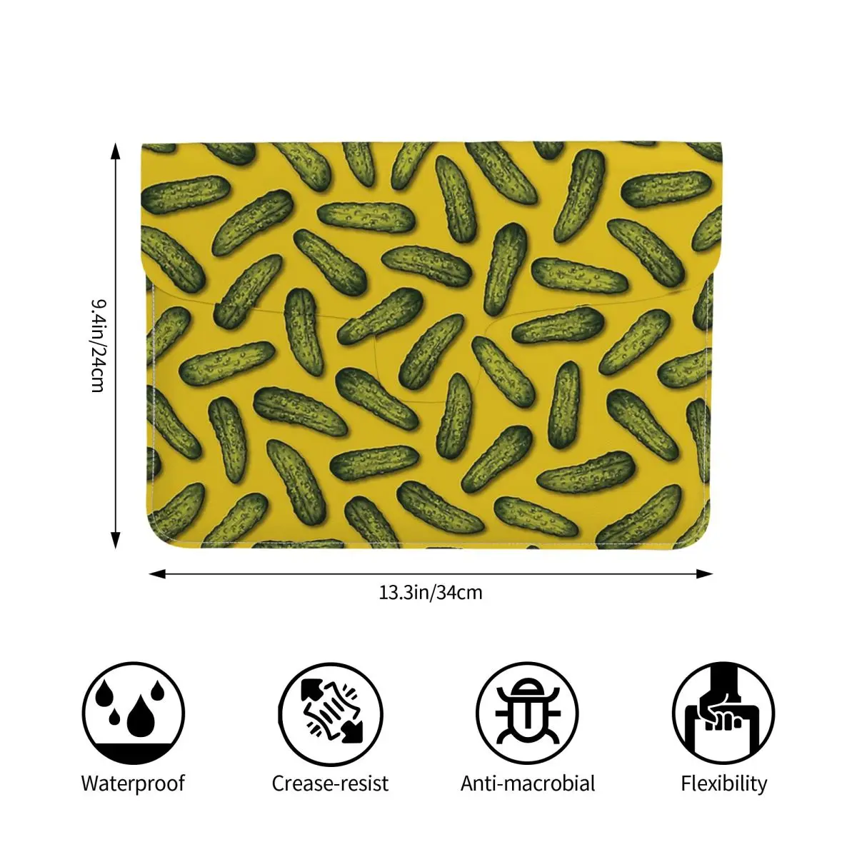 A Plethora Of Pickles Green & Yellow Gherkin PU Leather Horizontal Laptop Sleeve Shockproof Soft Lining Notebook Case 13 Inch