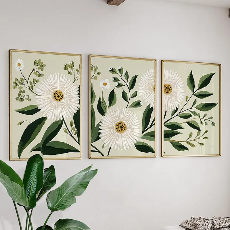 3-teiliges Set Weiße Gänseblümchen Botanische Wandkunst Grüne Blumen Triptychon Poster Minimalistische Botanische Deko Leinwandgemälde für Raumdekoration