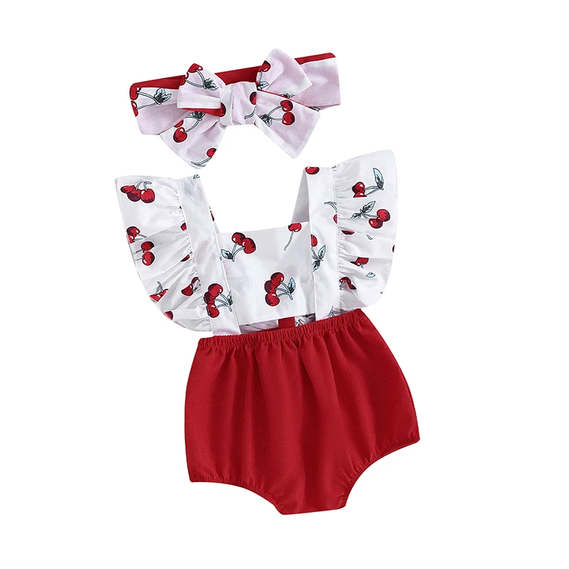 Newborn Girl Outfit Fly Sleeve Cherry Print Hollowed Patchwork Romper with Hairband Summer Clothes