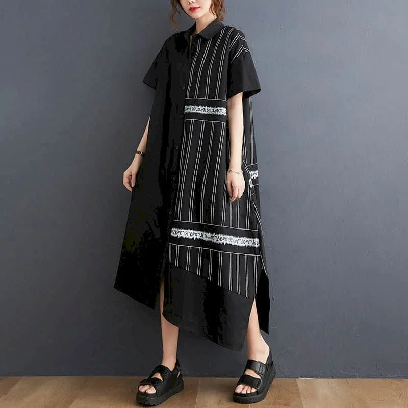 Irregular Dress for Women Elegant Fork Design Short Sleeve A-line Skirts Stripe Shirt Dress Asymmetric Summer Clothing for Women