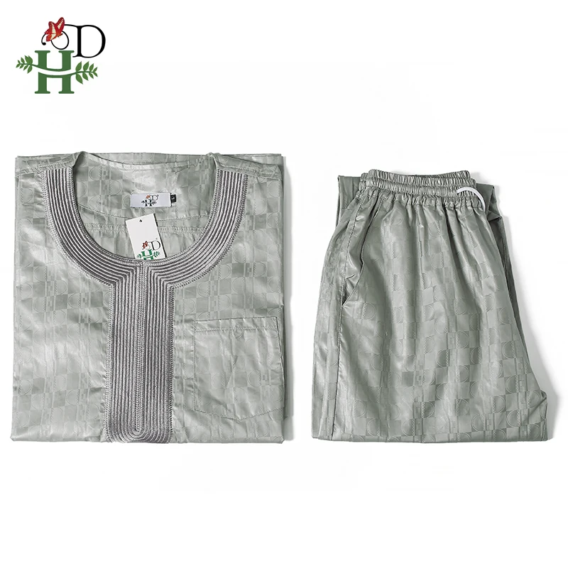 H&D African Clothes For Men Dashiki Top Pant 2 Pieces Outfit Set Riche Grey Embroidery Shirt Trouser Rich Bazin Original Muslim