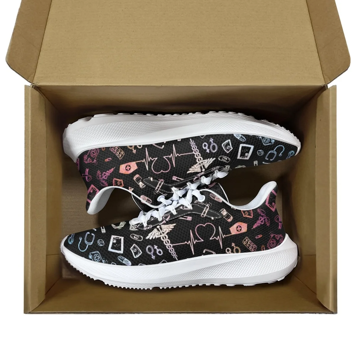 Fashion Style Print Teenager Mesh Sneaker Hospital Work Doctor Nurse Portable Shoes Convenient Breathable Lace Up Footwear Flats
