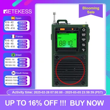 Retekess TR111 Radio FM portable à ondes courtes, mini radio amateur, MW,SW, VHF, WB recepteur radio toutes bandes radioamateurs, Haut-parleur stéréo portable numérique,réveil,compatible con tarjeta TF,alarma SOS