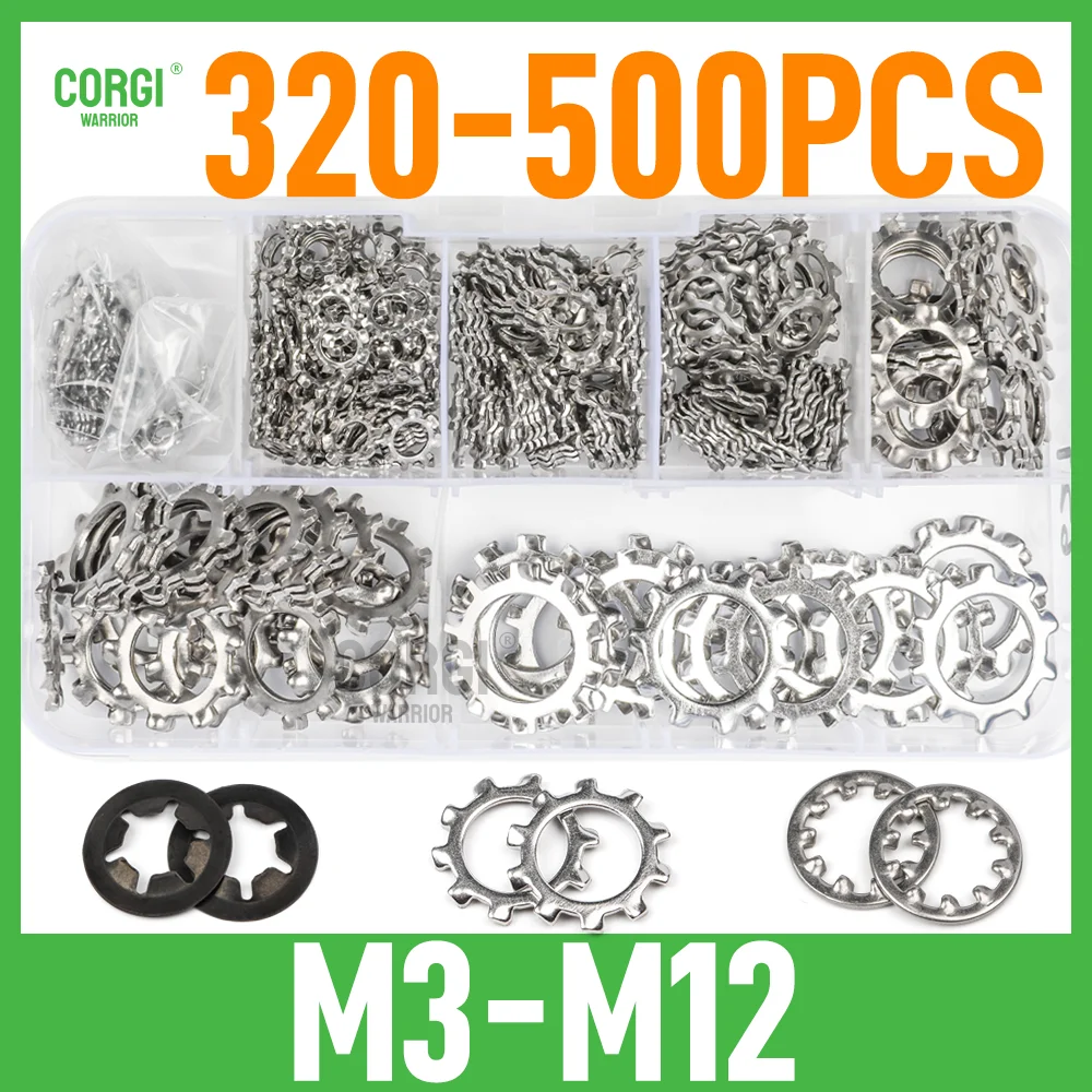 Sortiment an Stern-Sicherungsringen mit bis zu 500 Innen- und Außenzähnen, M2,5, M3, M4, M5, M6, M8, M10, M12, Edelstahl, 65 Mn Federstahl