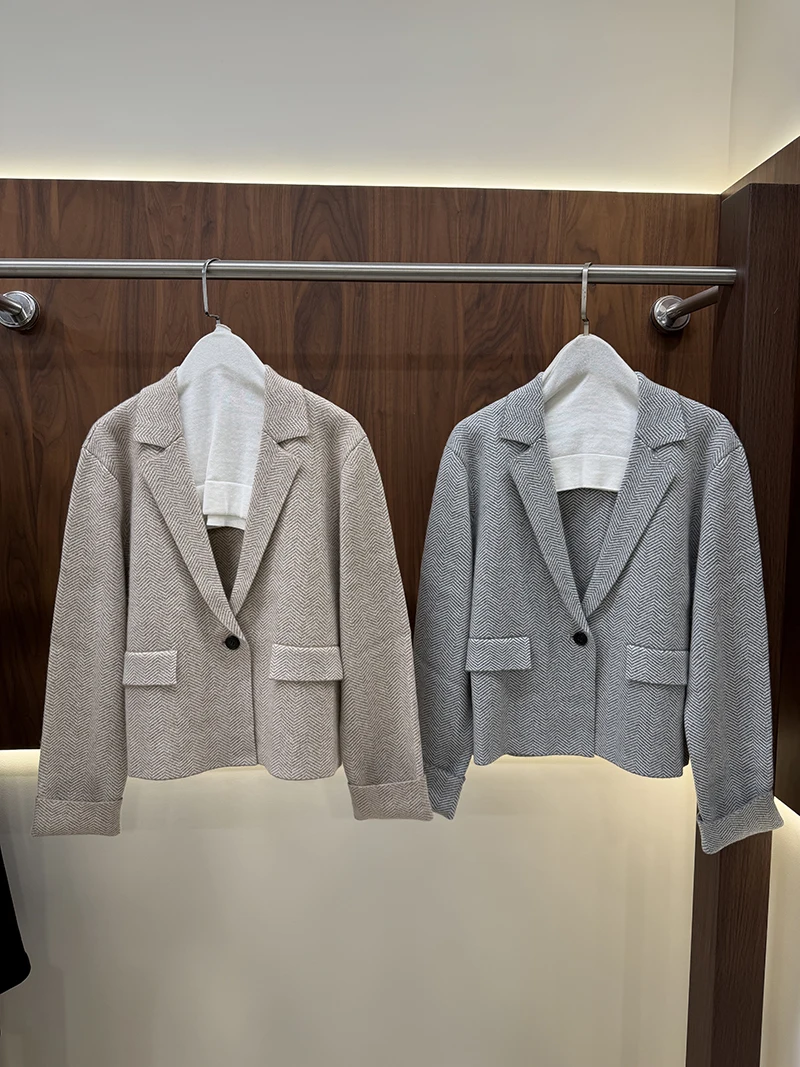 Women's Herringbone Knit Cropped Blazer Notched Lapel Single Button Casual Jacket