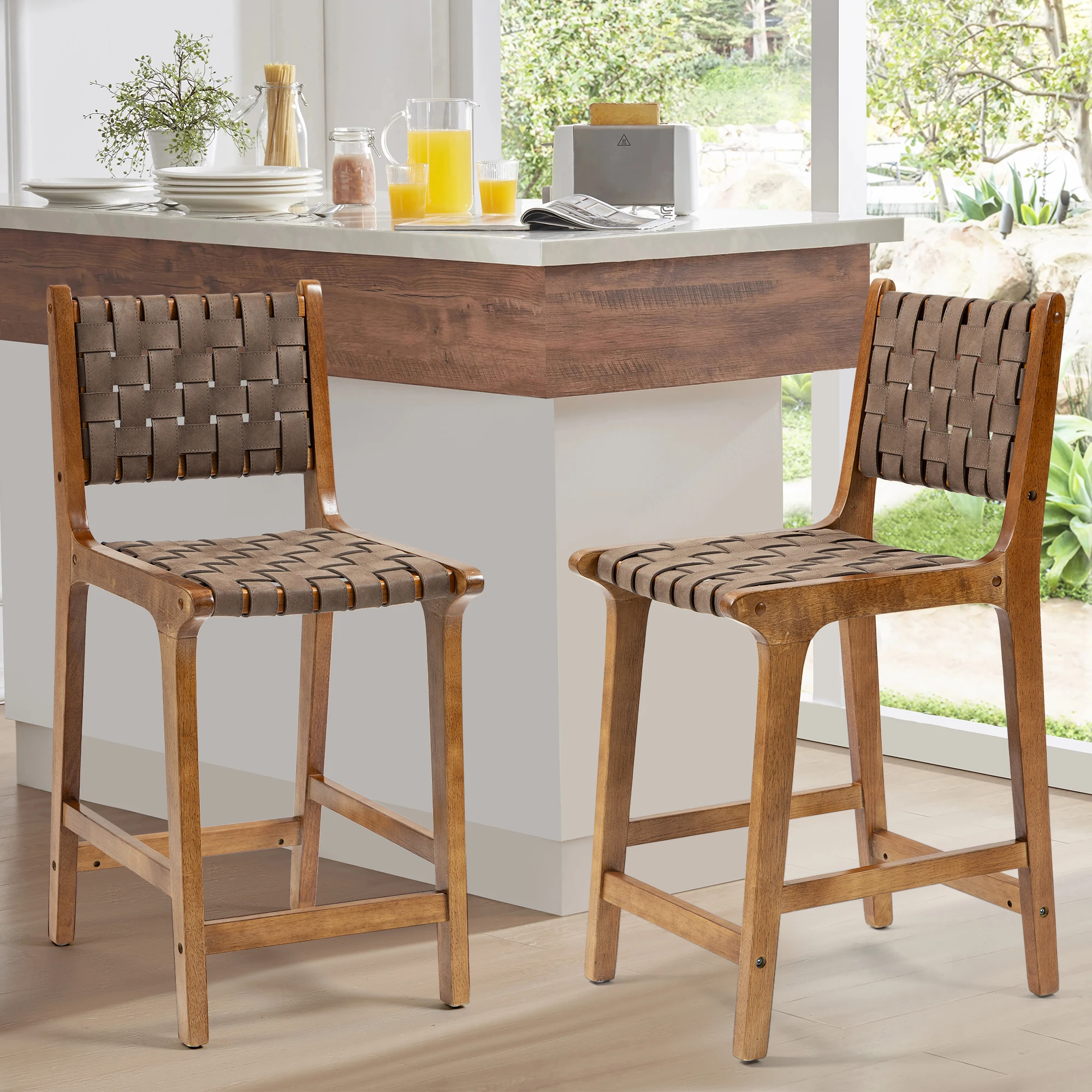 Breathe Leather Woven Counter Height Stool Kitchen Wooden Barstools, 24 inch Seat Height Set of 2