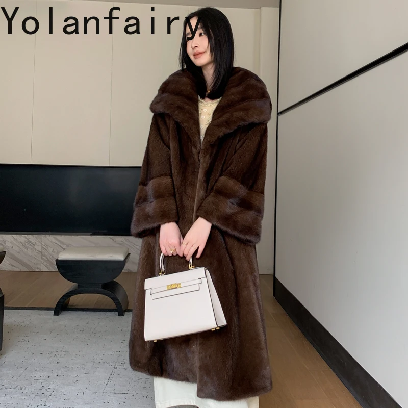 YOLANFAIRY Prawdziwy Futrzany Płaszcz Damski Luksusowy Zimowy Naturalny Futro z Norek Kurtka Damska Odzież Szalowy Kołnierz Długie Płaszcze Futrzane Odzież Wierzchnia