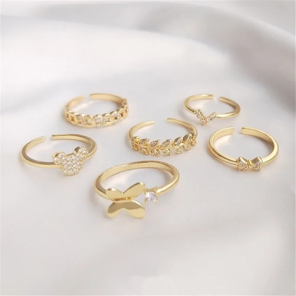 

14K plated gold Inlaid zircon bow leaf ring fashion light luxury high sense net red tide opening ring