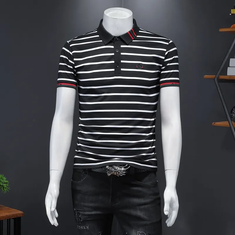 

2024 Summer New Sle Men's Slim Fit irt ort Sve Striped Faion Busin Casual T-irt Turn-down Collar Top