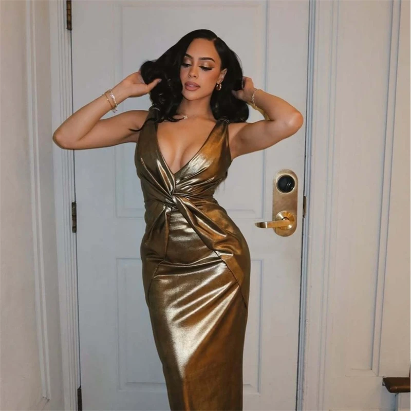 

Female Elegant Button Solid Color Wrap Hip Dress Sexy Sleeveless Suspender Party Dress Fashion Lady V Neck High Waist Long Dress