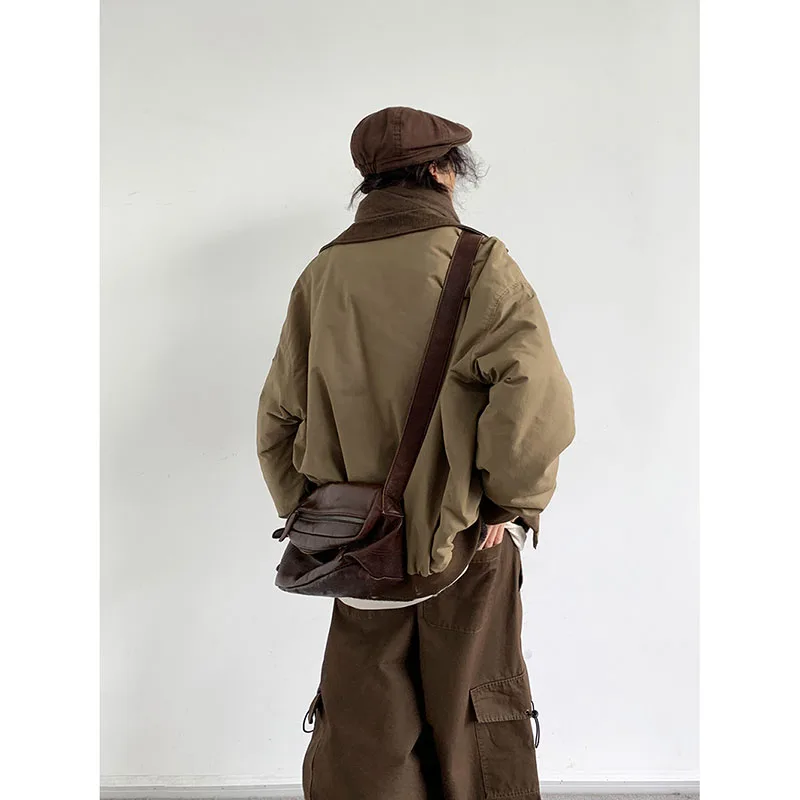 Autumn Winter Cargo Set Men Retro Loose Thick Cotton Jacket+Solid Color Baggy Wide Leg Casual Pants Japanese Street Unisex Suit