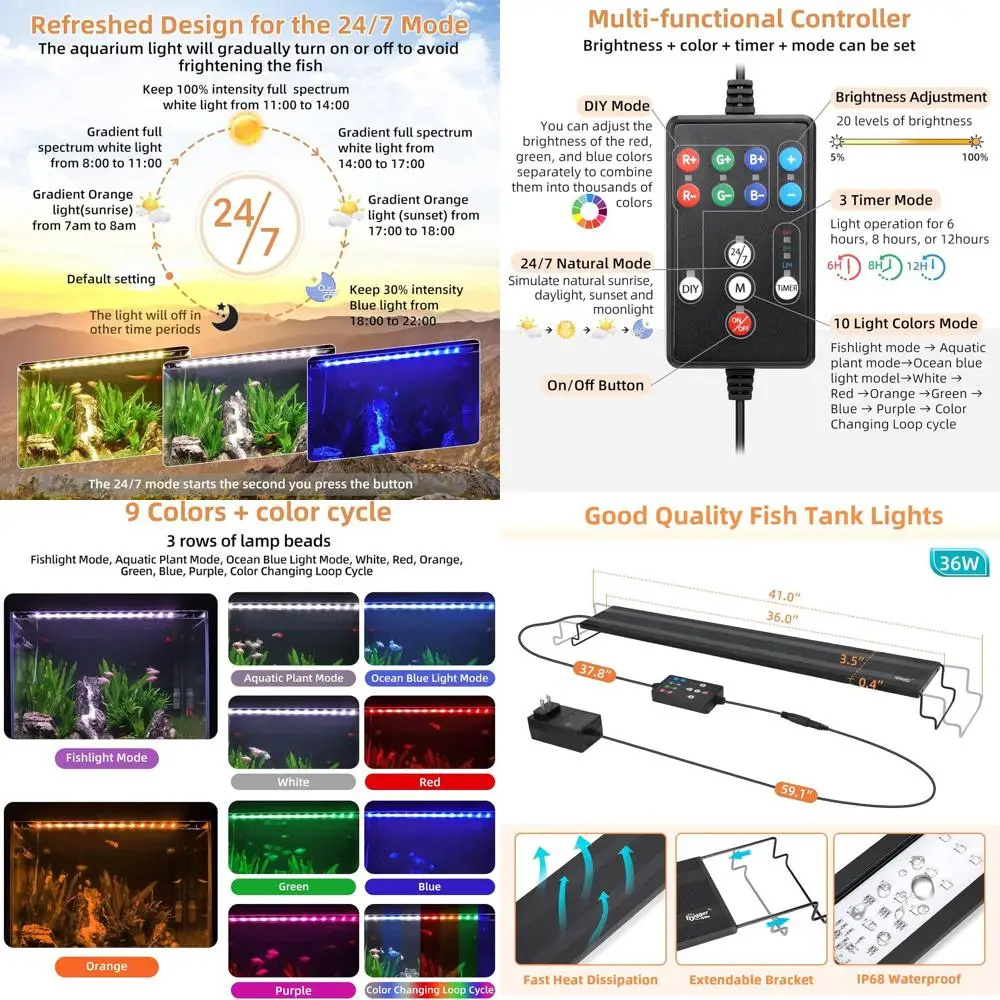 

Светильник для аквариума 36W с полным спектром, многоцветным таймером и регулируемой яркостью для аквариумов объемом 36-41 галлон