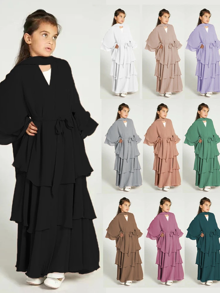 Ramadan Eid musulmano dolce ragazza Abaya Chiffon 3 strati torta vestito bambini Abaya Dubai arabo Islam Abaya bambini veste Cardigan