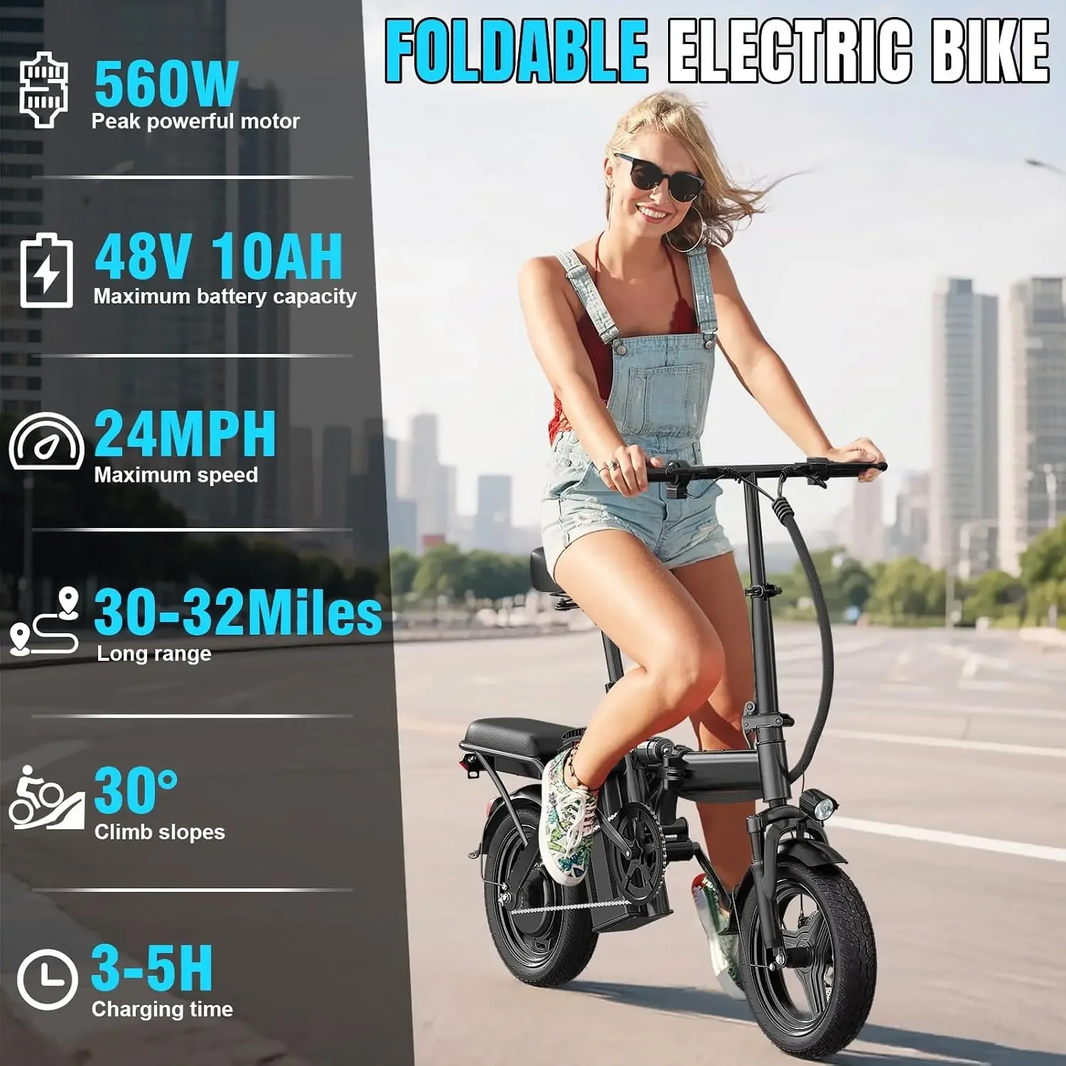 Foldable Mini Electric Bicycle 48V 10Ah Battery 32 Mile Range 520W Motor Pedal Assist 14 Inch Adult Teen