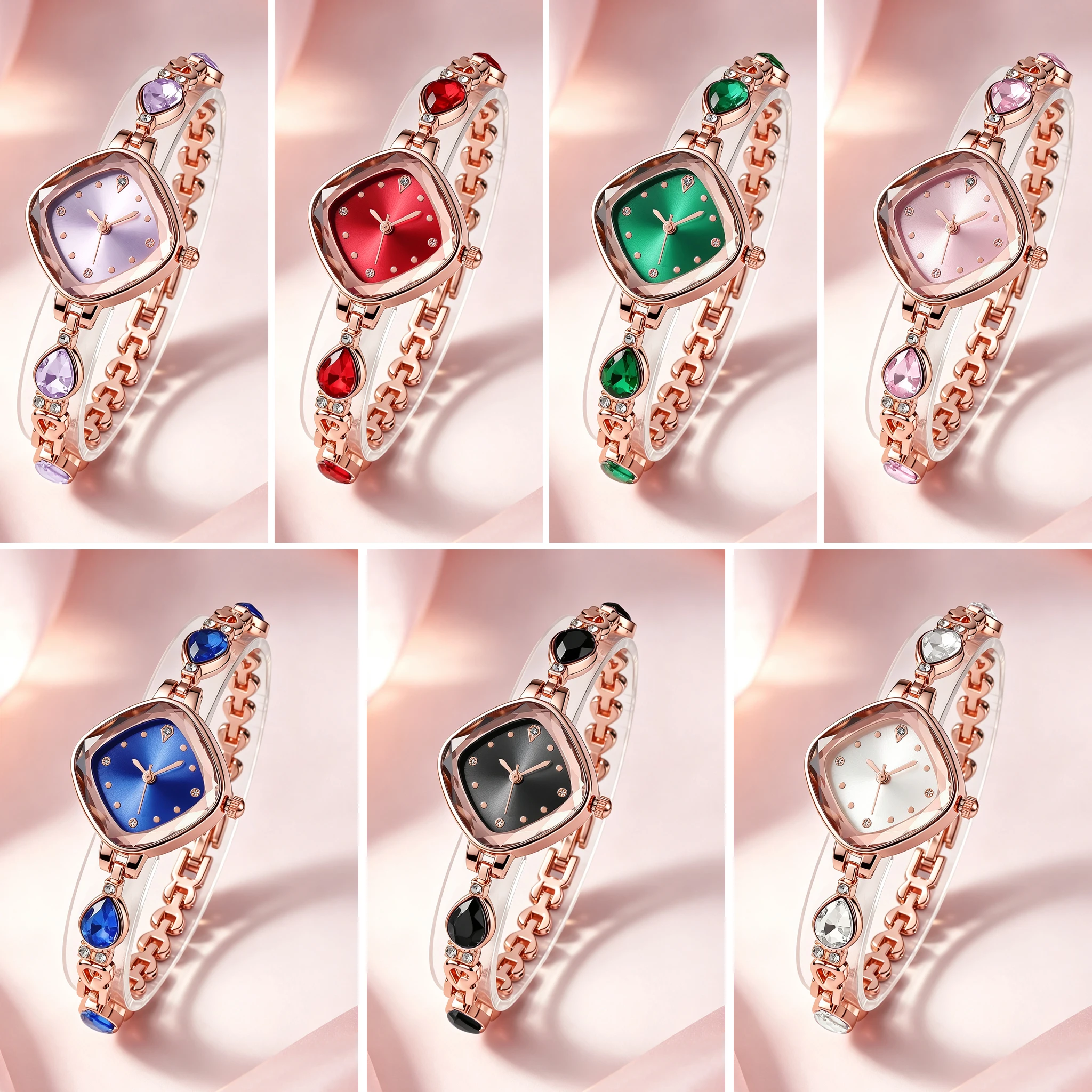 Diamond Shape Women Watch Rose Gold Alloy Case Rhinstone Bracelet Chain Band Glass Dial Ladies Watc