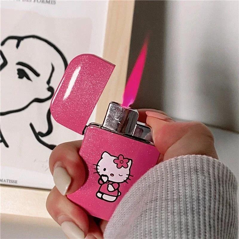 Windproof Cute Hello Kitty Lighter Kawaii MyMelody Kuromi Cinnamoll Sanrio Red Flame Lighters Creative Metal Cigarette Lighter