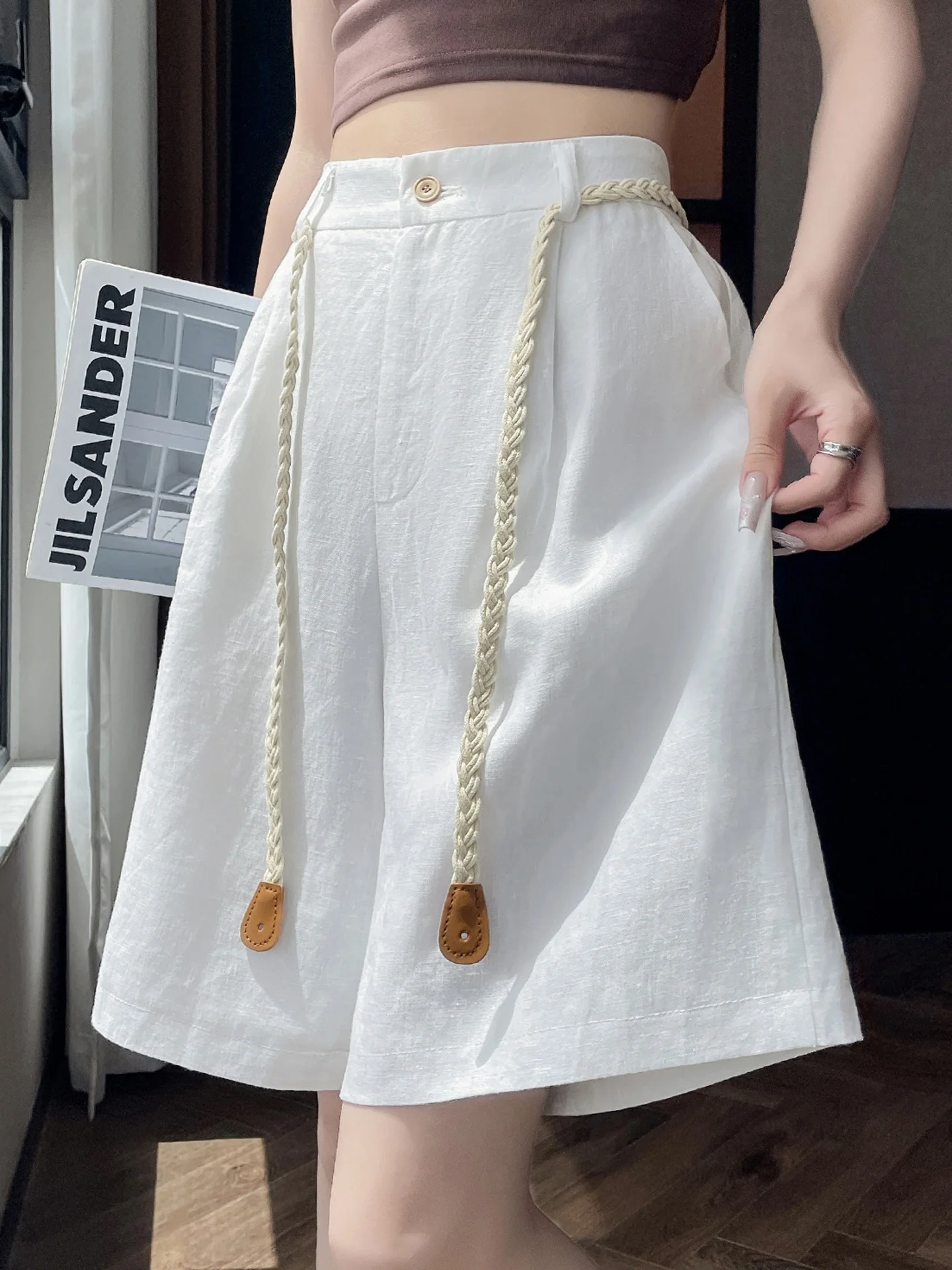 

High Waist Slimming Ice Silk Linen Suit Wide Leg Short Pants Women Summer Thin Five-Quarter Length A-Line Outdoor Shorts