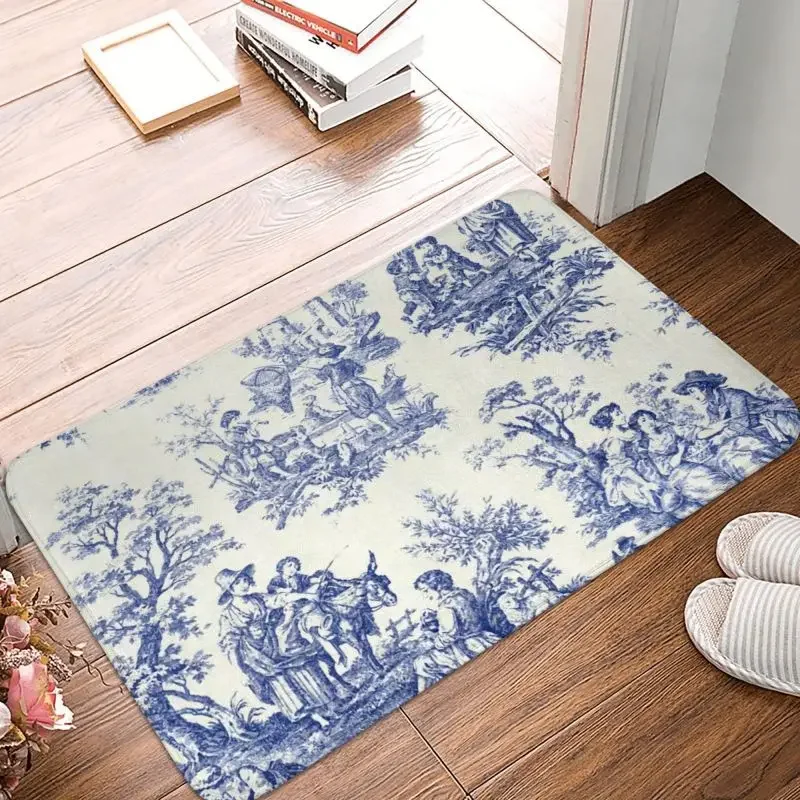 Personalizzato classico francese blu navy toile de jouy motivo zerbino tappetino antiscivolo tradizionale francese arte camera tappeto