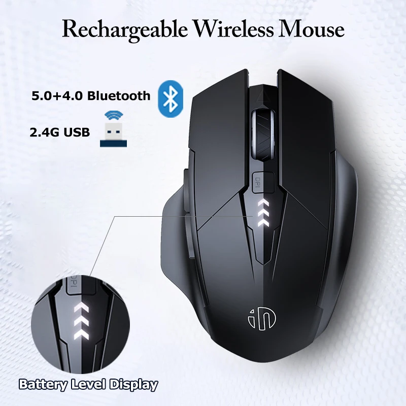 Inphic Rechareable Wireless Mouse 2.4G USB Receiver 5.0 Bluetooth Mouse Ergonomic Office Silent Click Support PC Laptop Tablet