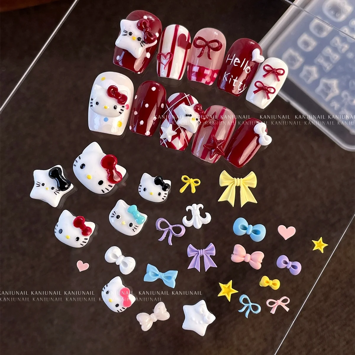 1 Uds. Molde de silicona 3D Kawaii Hello Kitty para decoración de uñas, pegatina transparente con lazo cruzado, plantilla de diseño de gatito para decoración de manicura DIY