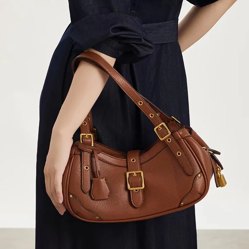 Belt Buckle Design HandBag Fashion Armpit Bag Large Capacity Motorcycle Bag Vintage Street Style Women Crossbody Bag Solid Color