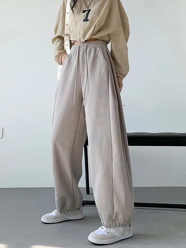 Winter Wide Trousers for Women 2024 Gray Oversized Sweatpants Lace Up Sports Pants Women Baggy Sports Straight Pants New Joggers