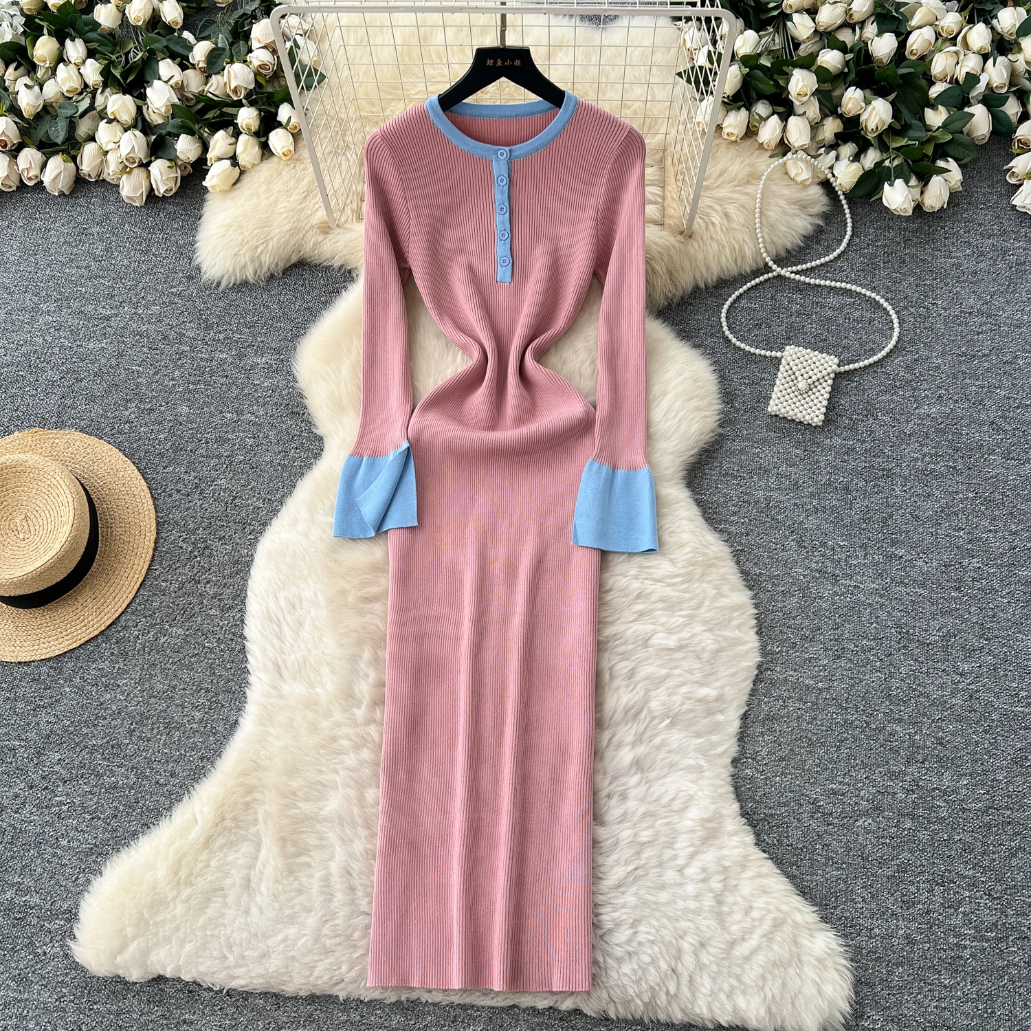 Robe longue en tricot pour femmes, Style français, Vintage, col rond, fente, manches longues, pull, Hit Color Patchwork, Slim, nouvelle collection automne 2026