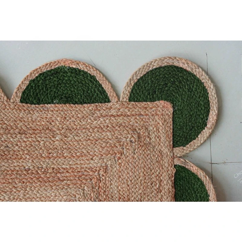 Indian Handwoven Scalloped Jute Rug with Beige and Green Color Home Décor Rugs