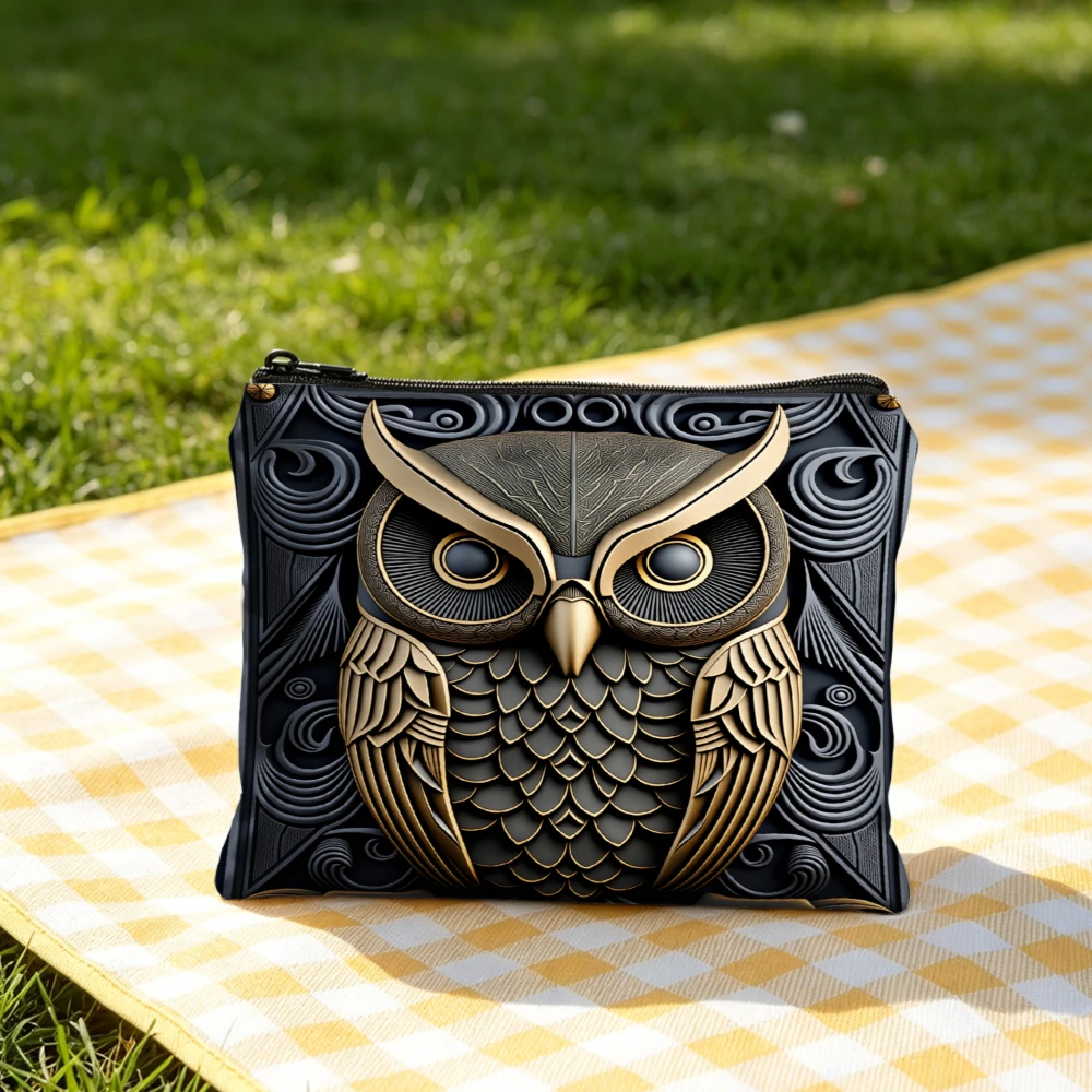 Chic Handbag Black And Gold Owl Pattern Tote Bags And Makeup Bag Combination Fashionable Everyday Use For Women Portable Pouch image 5