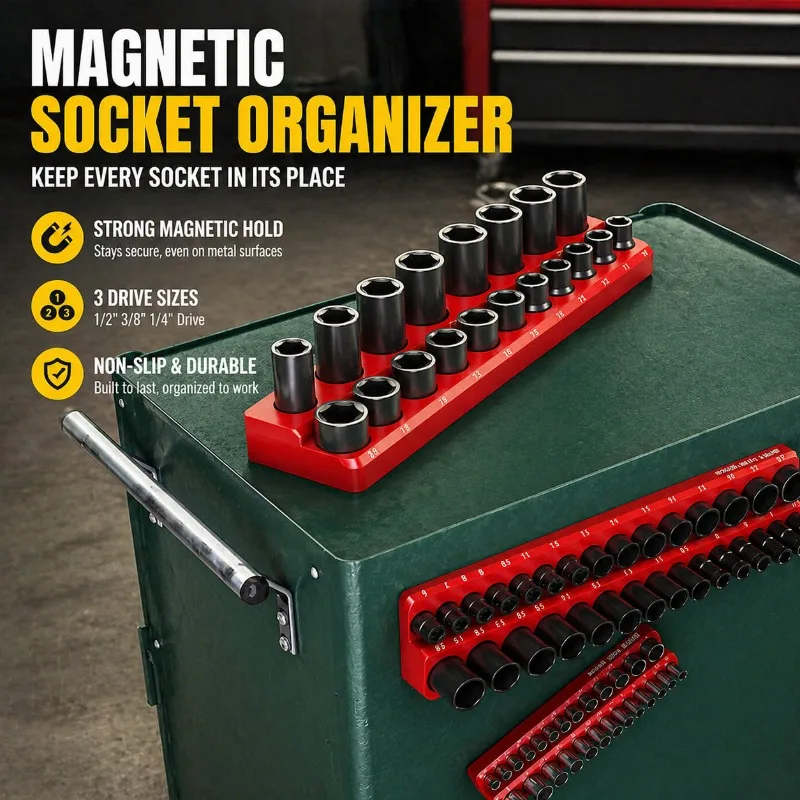 Magnetic Socket Organizer Rack, 1/2 3/8 1/4 Drive Metric Socket Holder Tray, Non-Slip Tool Storage for Wrench Set
