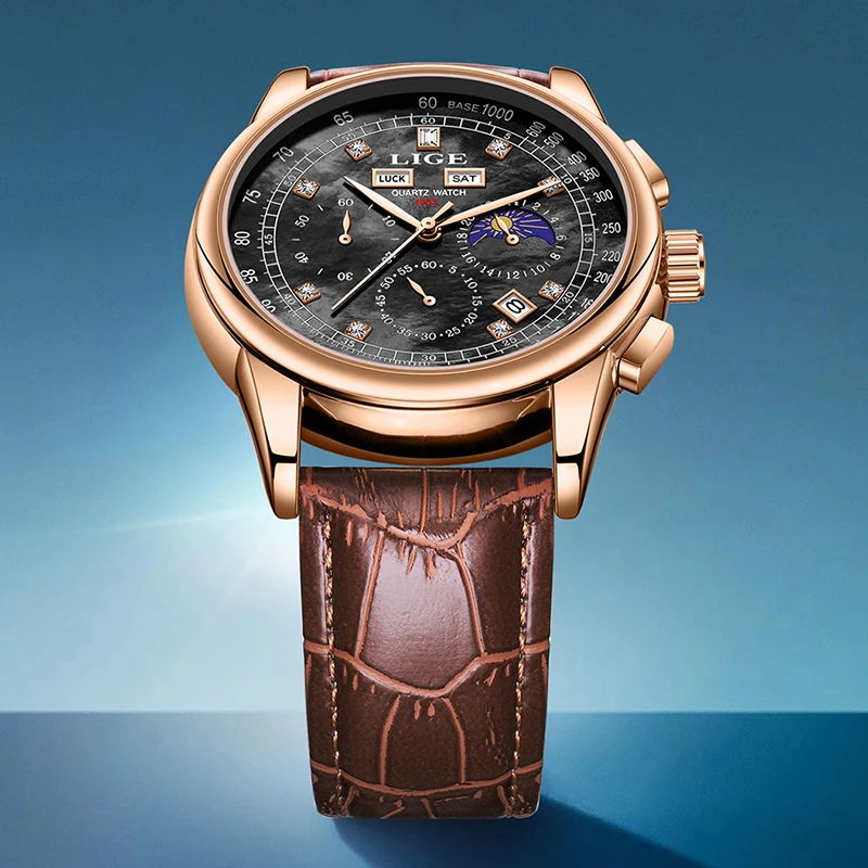 

LIGE Business Watch Men Fashion Brown Leather Waterproof Men's Quartz Wristwatches 24 Hour Moon Phase Chronograph Montre Homme