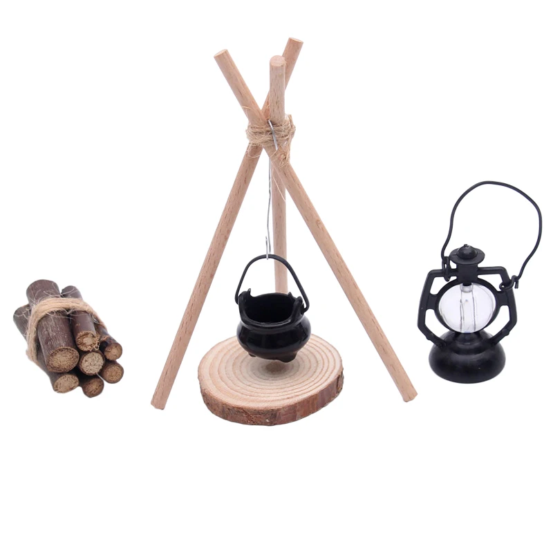 1Set 1/12 Dollhouse Miniature Wooden Hanging Burning Stove Campfire Fairy Garden Yard Landscape Outdoor Decoration