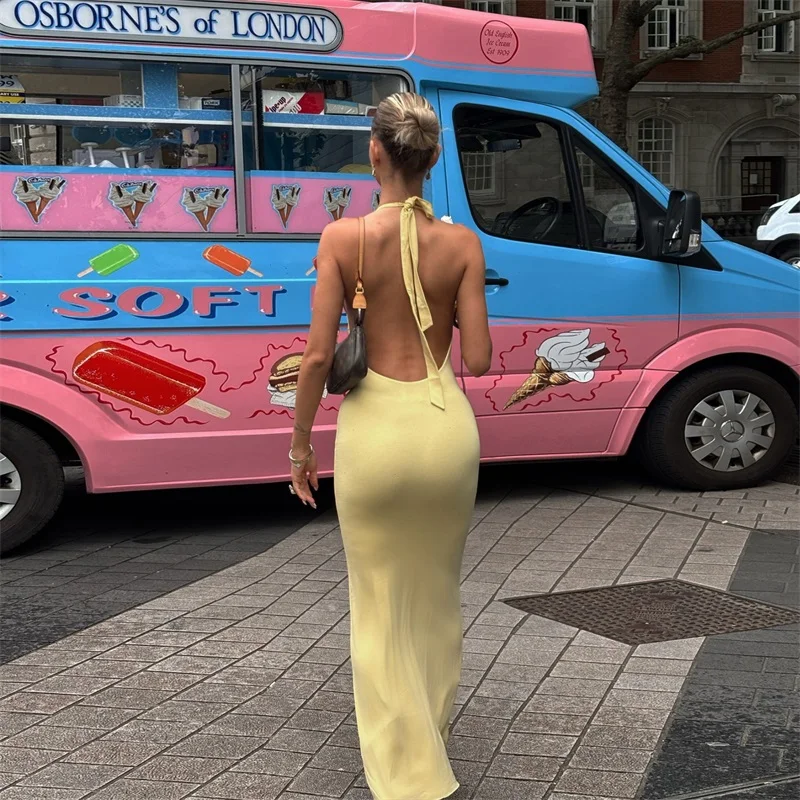 Abito da sera autunnale da donna con lacci senza schienale con scollo all'americana Abito da sera sottile con spacco alto senza maniche Guaina gialla Gonna da festa sottile Novità