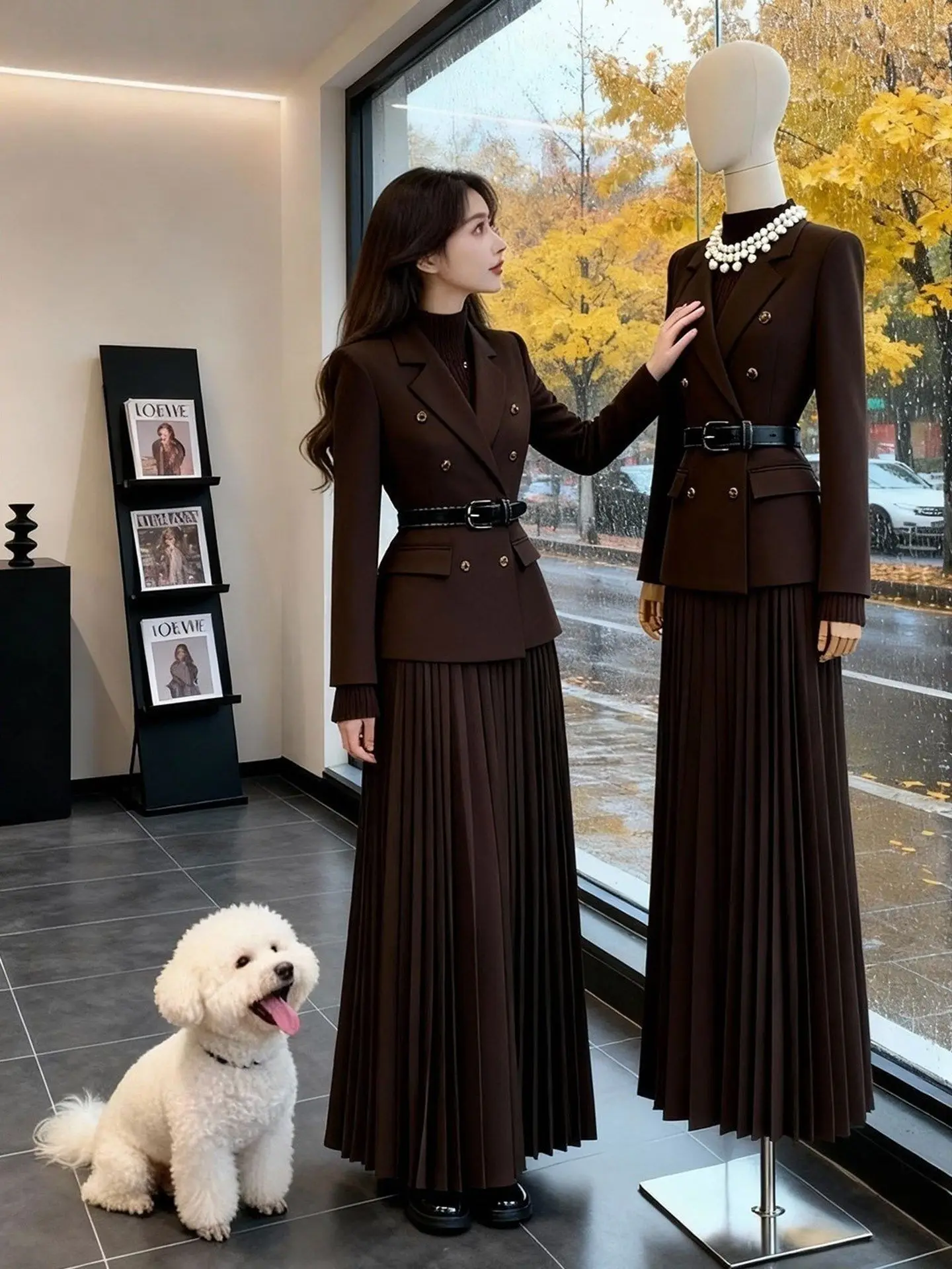 Chic Business Style Coffee Color Suit Top And Pleated Skirt Set Winter New Arrival Fashion Trend High Waist Button Closure