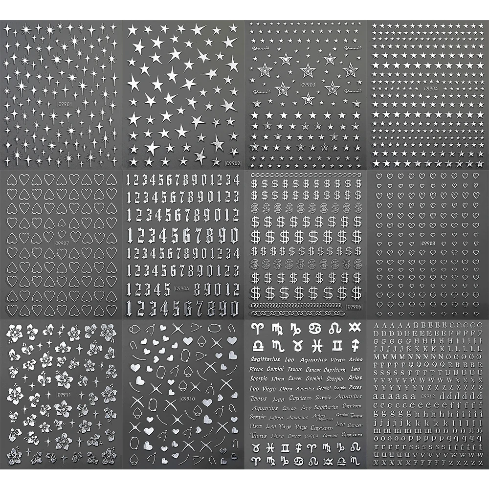 12 pçs 3d ouro prata estrela arte do prego adesivo y2k cruz luz das estrelas decalques adesivos número/carta/coração/flor misturado manicure sliders