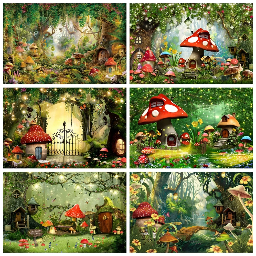 

Fairy Tale Enchanted Forest Backdrop Photography Wonderland Dreamy Jungle Mushroom Baby Birthday Party Background Photo Studio
