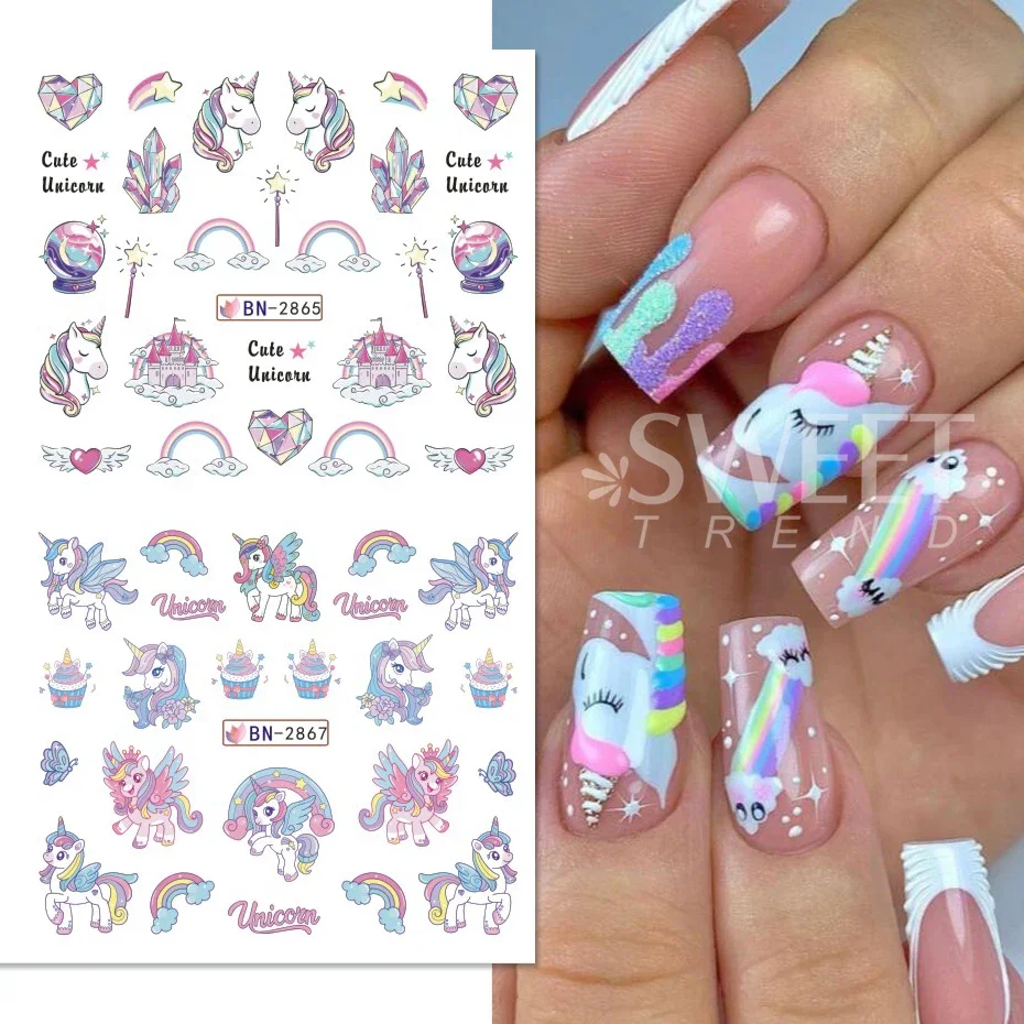 12 Designs Unicorn Water Transfer Nail Slider Cartoon Anime Rainbow Horse Ice Cream Heart Nail Sticker Nail Supplies Decoration