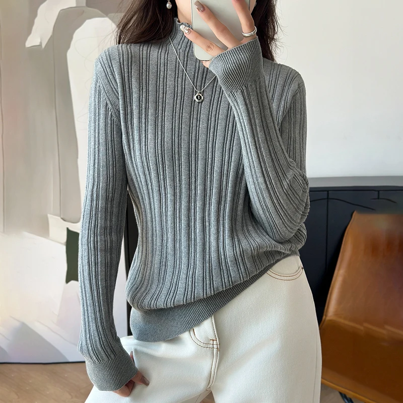

Spring/Autumn 100% Cotton Women's Sweater Casual Solid Knit Pullover Long Sleeve Slimming Half High Neck Tops Basic Pull Blouse