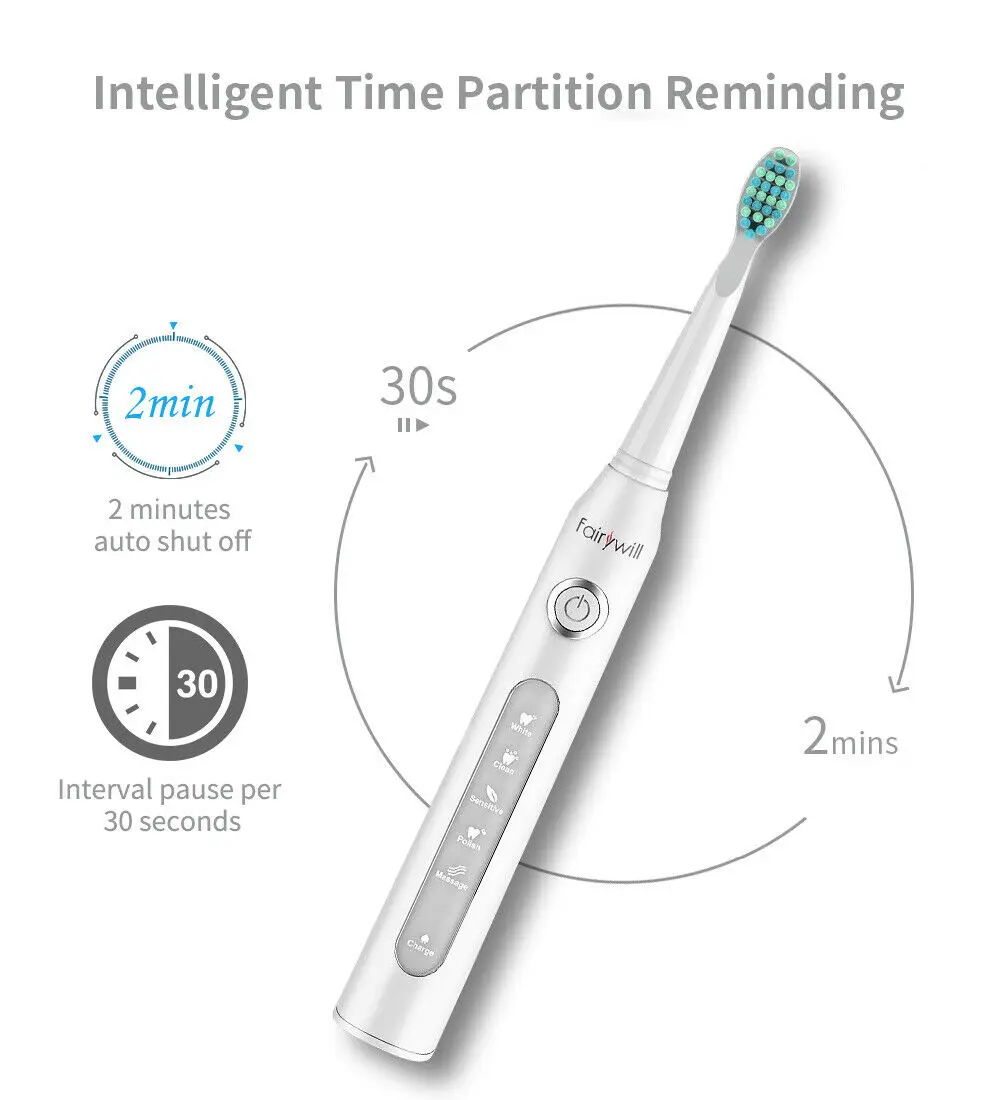 Fairywill-Brosse à dents électrique sonique pour adultes, étanche, livres iniques, 4 têtes de rechange, FW507