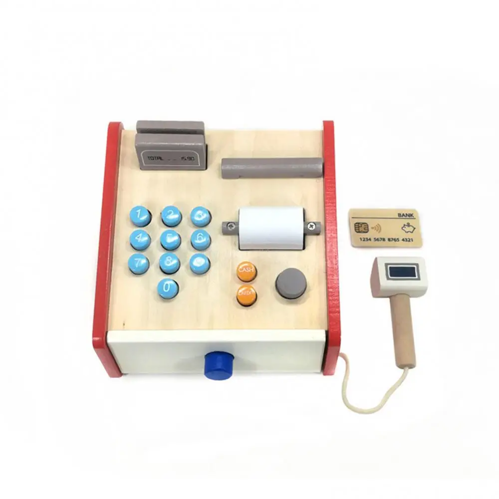 Simulation Market Shopping Cash Register Credit Card Machine Wooden Simulation ATMs Model Children Play House Toys Gift Set