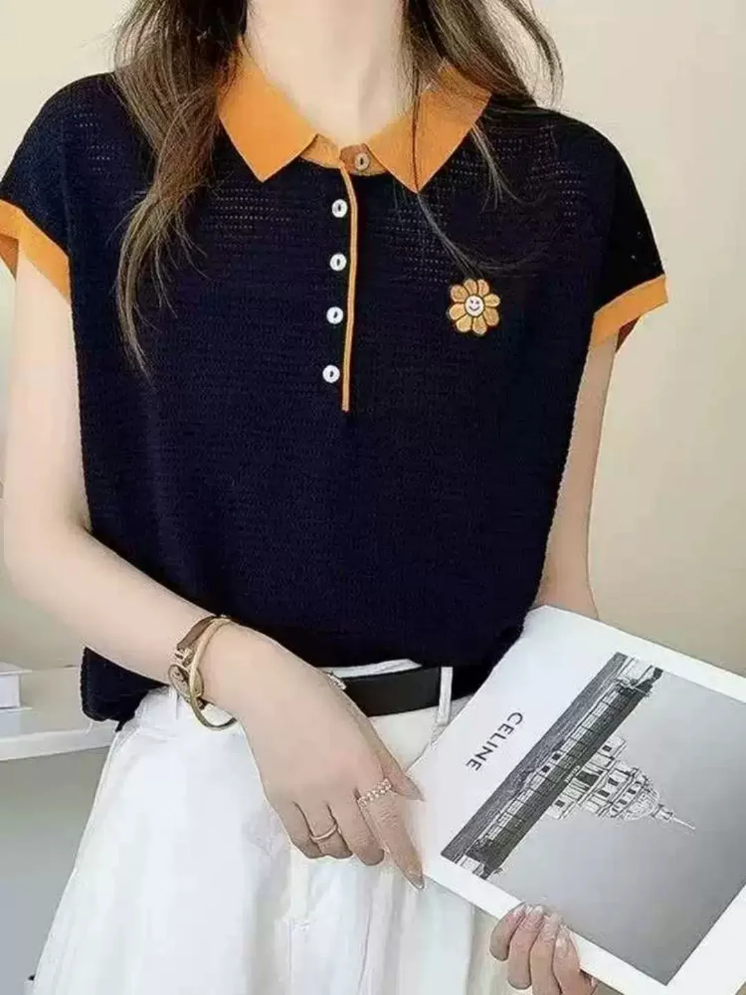 

Stylish Collar Short Sleeve T-Shirt Women's 2026 New Summer Dopaamine Anti-aging Top Breathable Comfortable Knittedwear