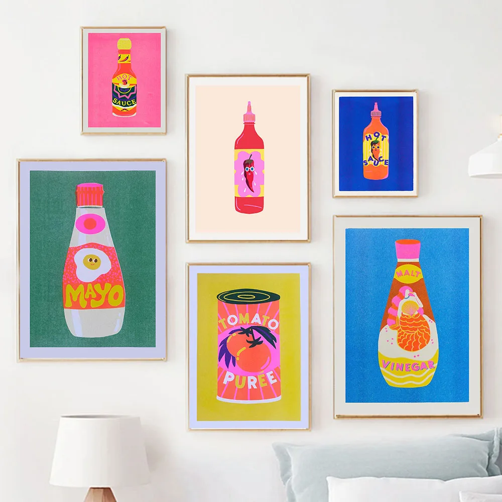Salsa de chile picante japonesa, pintura artística de pared de tomate enlatado, póster nórdico e imágenes impresas de Risograph para decoración del hogar y la sala de estar