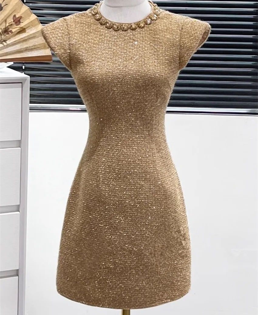 Small Fragrant Golden Sequins Tweed Party Mini Dress Luxury Summer Diamonds O Neck Short Sleeve Woolen Slim Evening A Line Dress