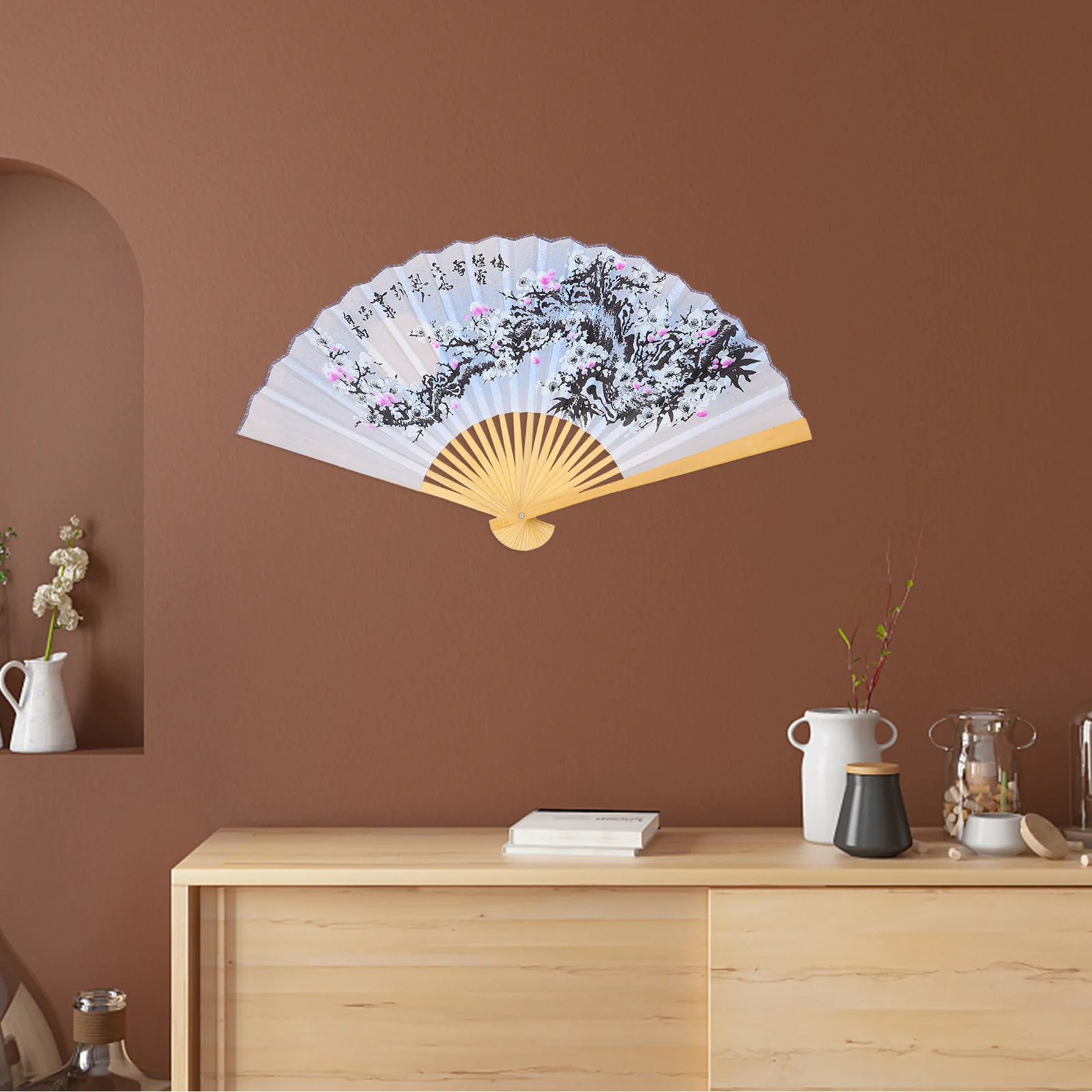 Extra Large Chinese Style Handheld Folding Fan Bamboo Silk Material Large Folding Hand Fan Wall Decor Dance Party Stage