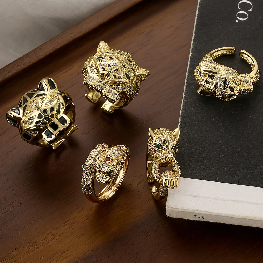 Women's Gold Color Zircon Leopard Open Ring, Statement Piece