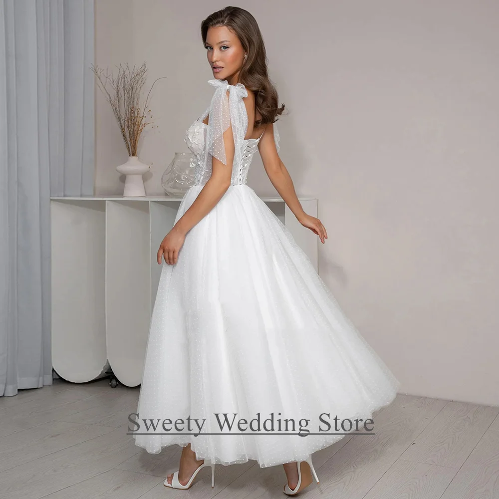 Sexy Dot Tulle Wedding Dress Customized Bow Straps Sweetheart See Through Applique Tulle A Line Bridal Gown Ankle Length