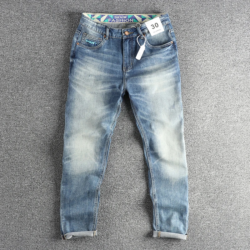 

Washed Light Blue Slim Fit Straight Leg Jeans Men's Casual Long Pants Distressed Stones Grounding Denim Fabric