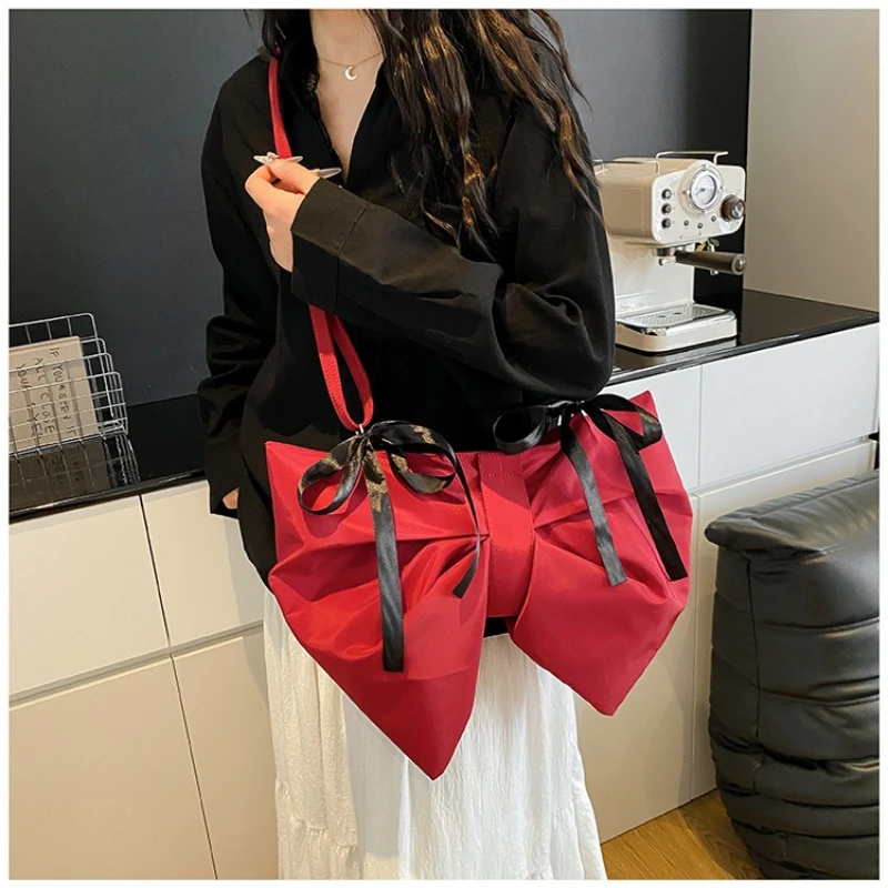 

Large Capacity Solid Nylon Bow Knot Shoulder Bag Sweet Multi-function Women's Handbag Hot Sale Travel Work Purse Crossbody Bags