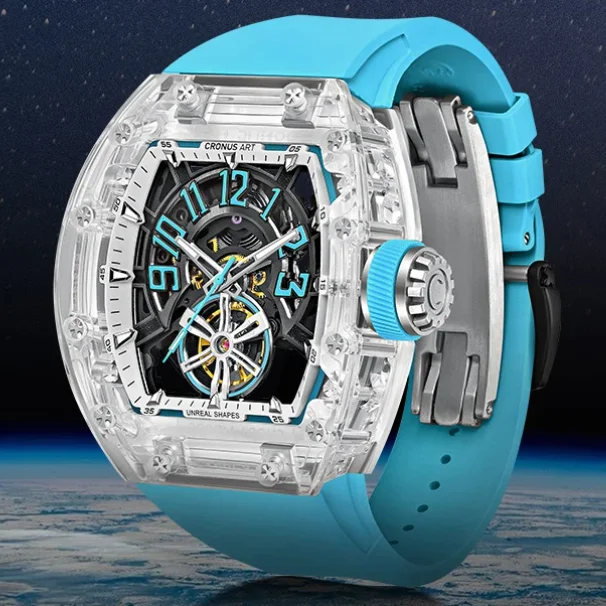 CRONUSART Men Automatic Watch Tonneau Mechanical Wristwatch Acrylic Case Skeleton Semi-circular Luminous Dial Sapphire FKM Strap
