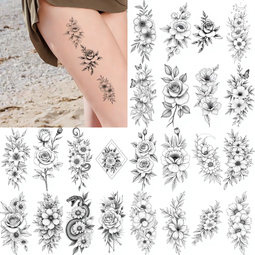 

9pcs Temporary Tattoo Temporary Tattoo Stickers Snake With Flowers Floral Arrangements Peony Flower For Thighs Shoulders Back